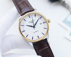 Longines automatic watch with gold-tone case, white dial, blue hands, brown leather strap