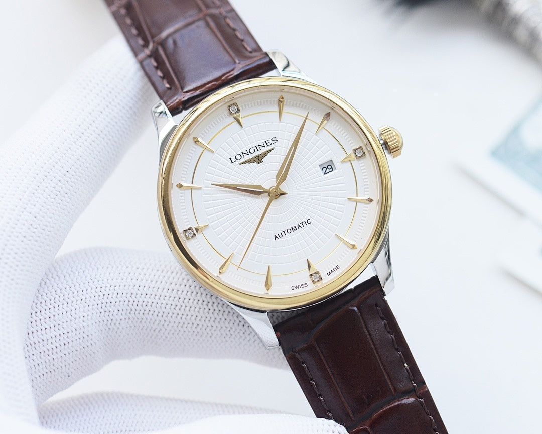 Longines automatic watch with gold-tone case, white dial, gold hands, brown leather strap
