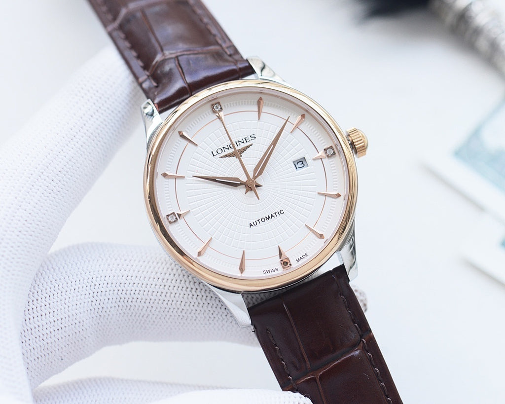 Longines automatic watch with gold-tone case, white dial, brown leather strap, rose-gold hands