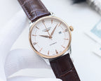 Longines automatic watch with gold-tone case, white dial, brown leather strap, rose-gold hands