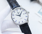 Longines automatic watch with silver-tone case, white dial, blue hands, black leather strap