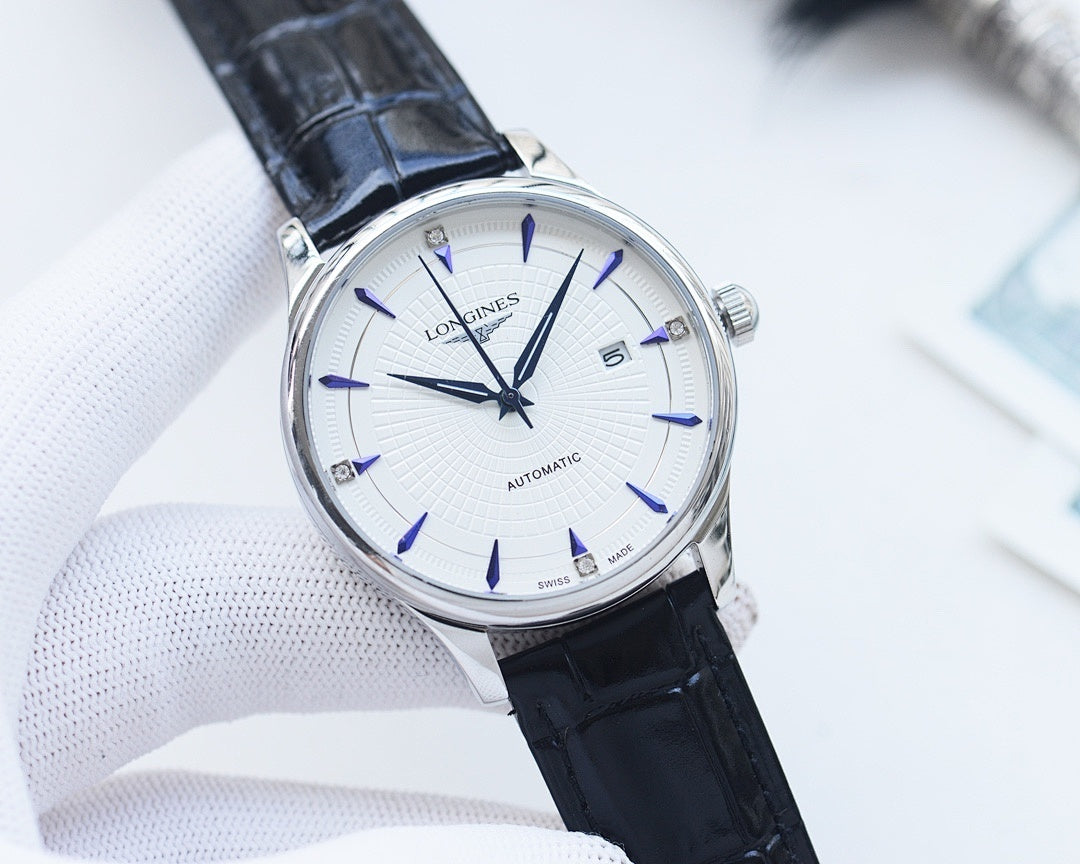 Longines automatic watch with silver-tone case, white dial, blue hands, black leather strap