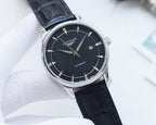 Longines automatic watch with silver-tone case, black dial, silver hands, black leather strap