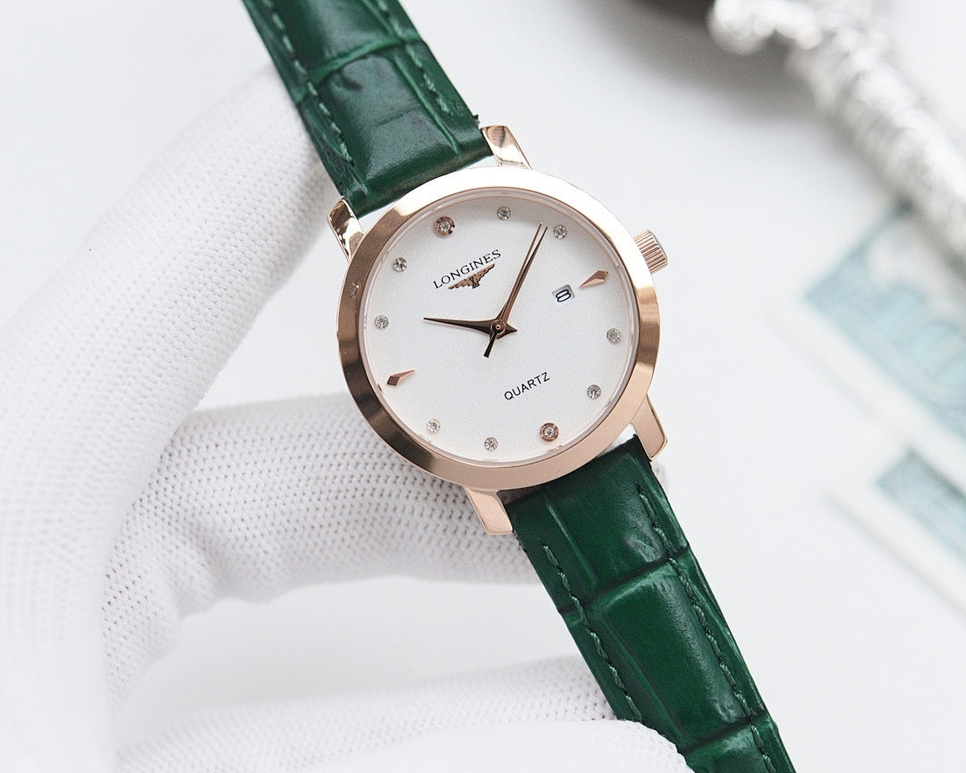Longines watch with green leather strap, rose-gold case, and white dial