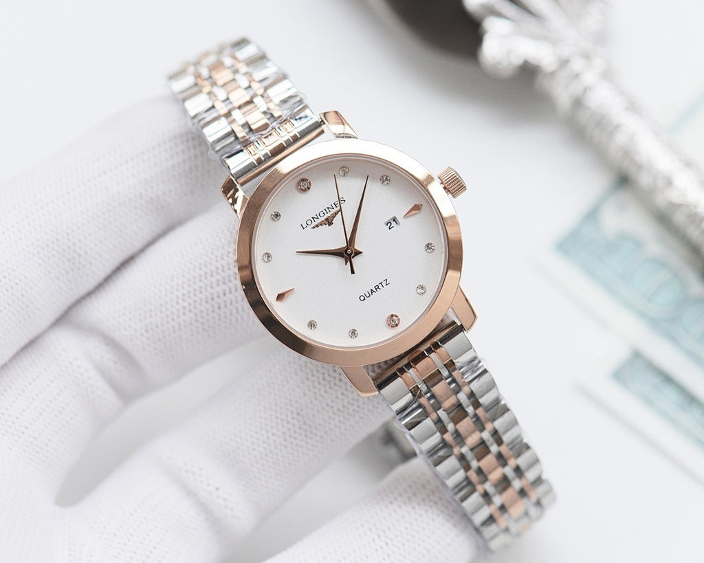 Longines watch with two-tone metal bracelet and rose-gold case, white dial