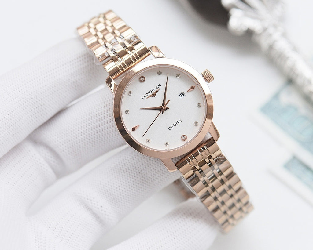 Longines watch with rose-gold case and two-tone metal bracelet, white dial