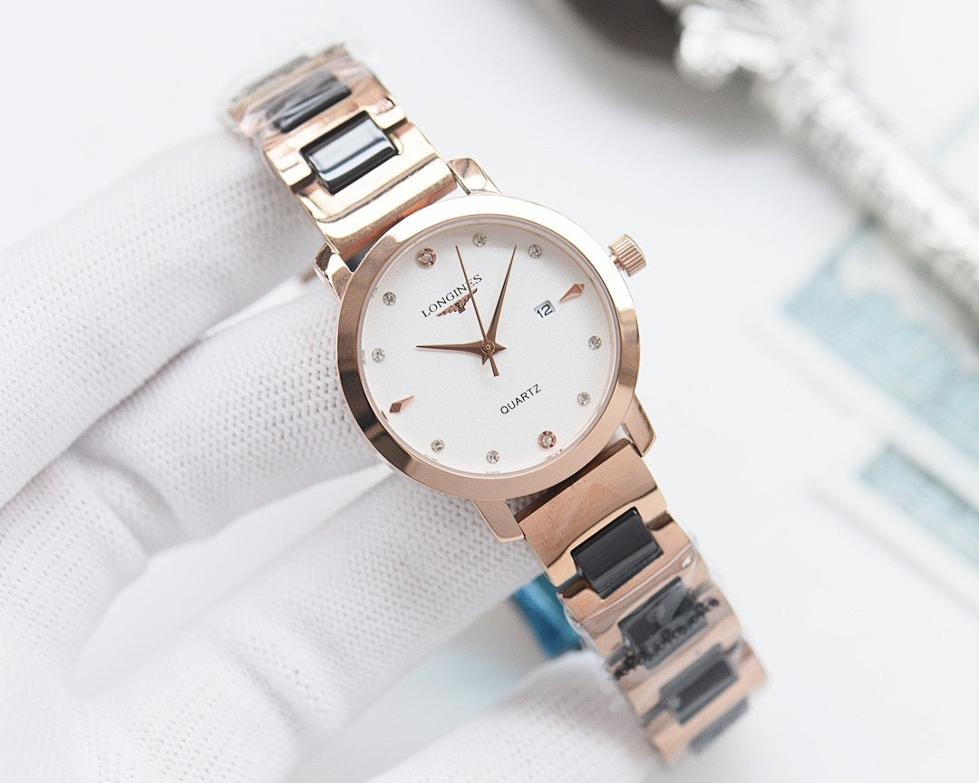 Longines watch with rose-gold case and two-tone link bracelet, white dial