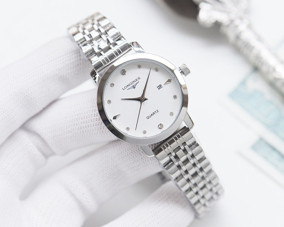 Longines watch with silver metal bracelet and white dial, slim round case