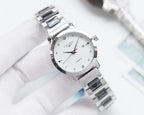 Longines watch with silver metal bracelet and white dial, centered hands and markers