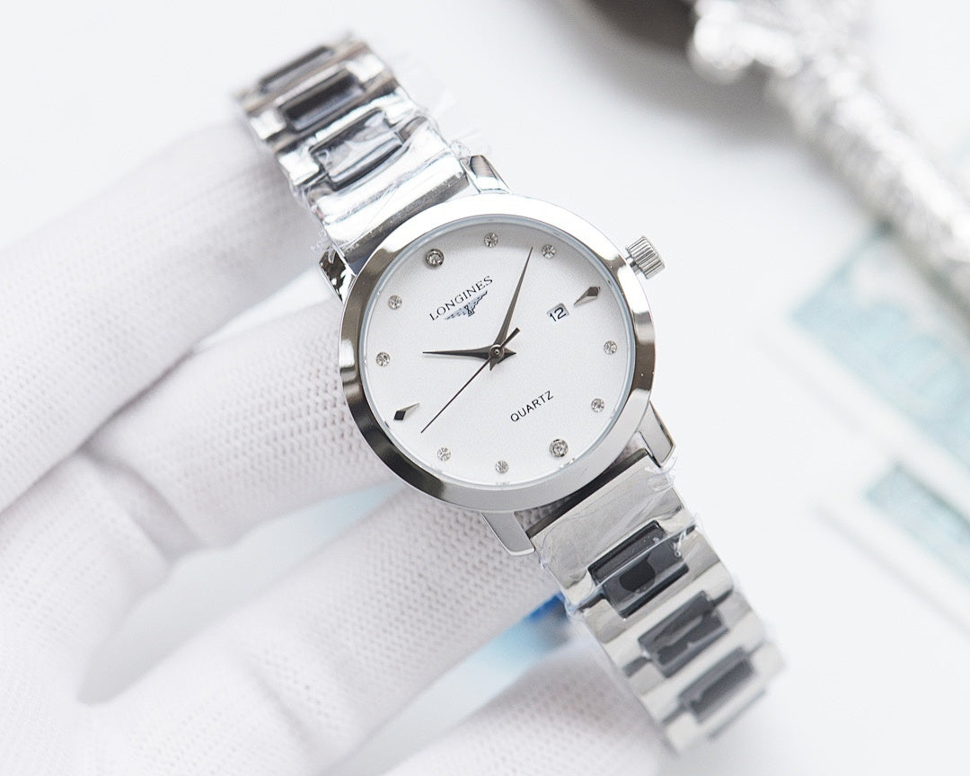Longines watch with silver metal bracelet and white dial, centered hands and markers