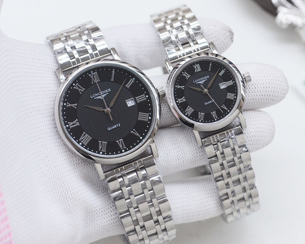 Pair of Longines watches with silver cases, silver metal bracelets, black dials