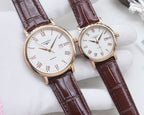 Pair of Longines watches with rose-gold cases, brown leather straps, white dials