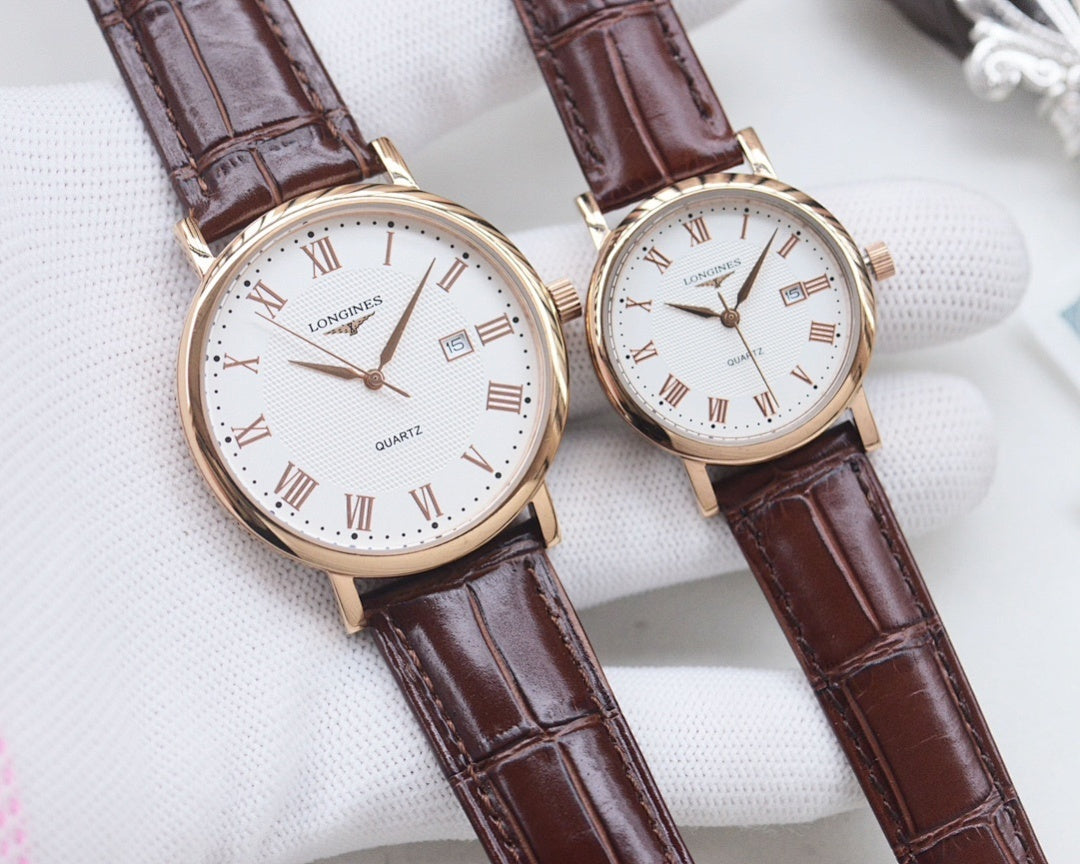 Pair of Longines watches with rose-gold cases, brown leather straps, white dials