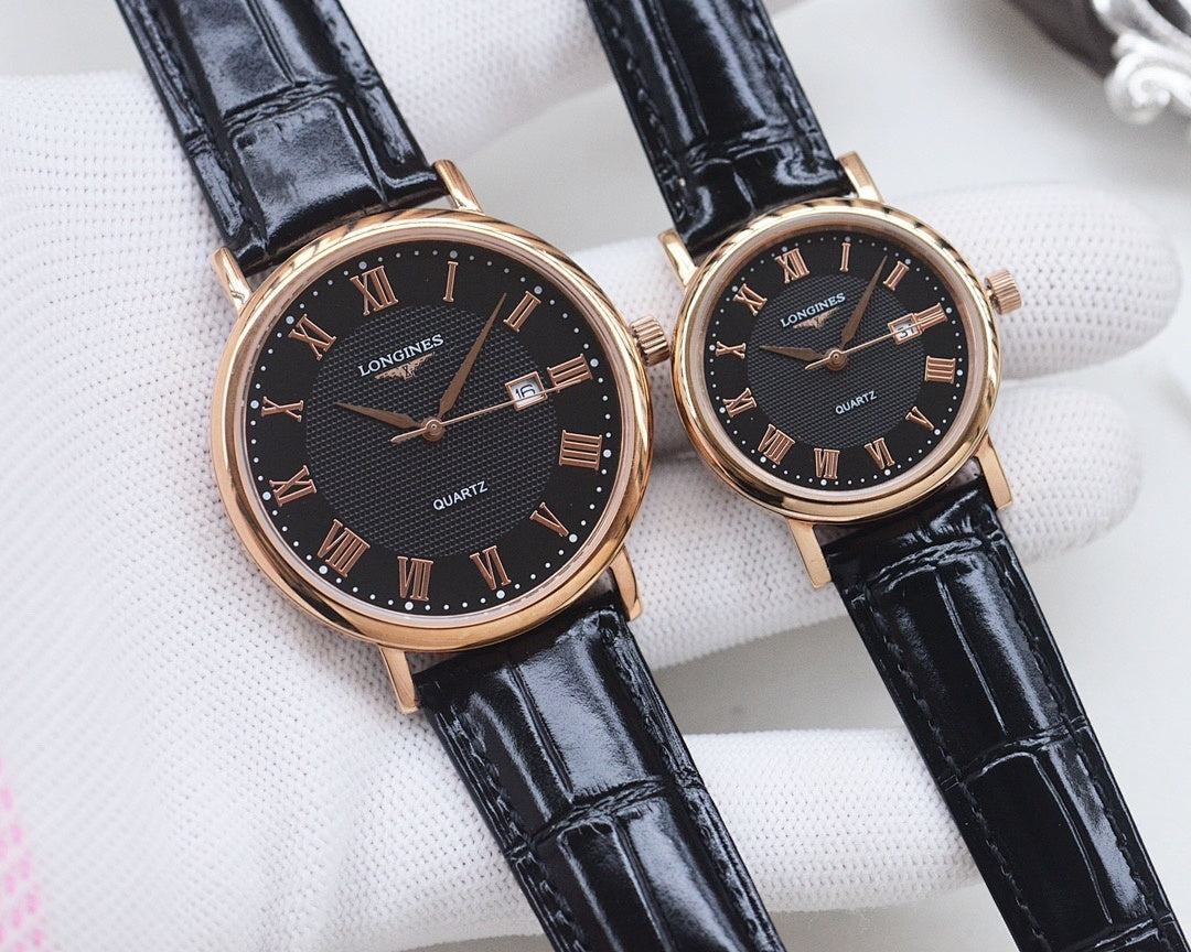 Pair of Longines watches with rose-gold cases, black leather straps, black dials