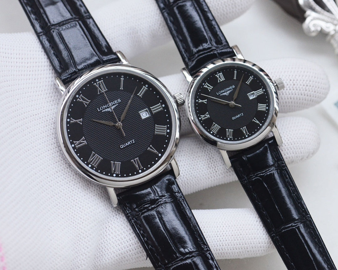 Pair of Longines watches with silver cases, black leather straps, black dials