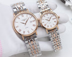 Pair of Longines watches with rose-gold cases, silver metal bracelets, white dials