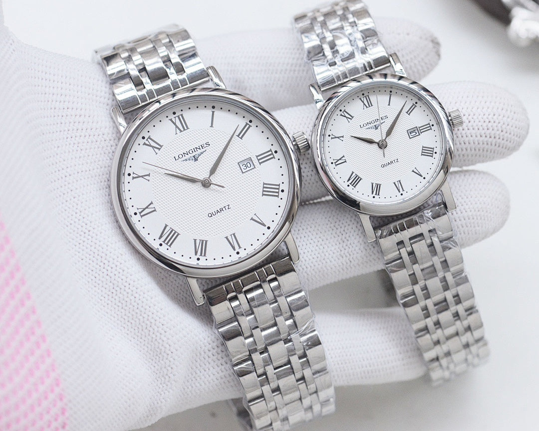 Pair of Longines watches with silver cases, silver metal bracelets, white dials