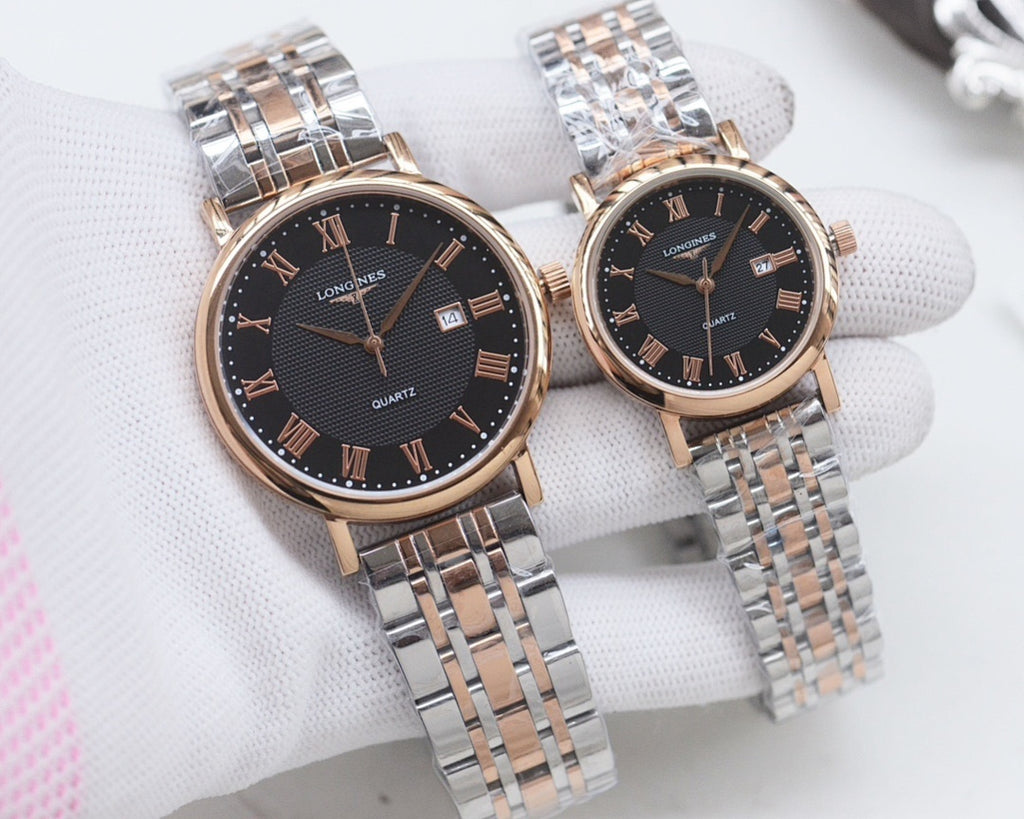 Pair of Longines watches with rose-gold cases, silver metal bracelets, dark dials