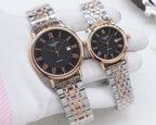 Pair of Longines watches with rose-gold cases, silver metal bracelets, dark dials