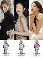 Stainless steel watches with blue, green, and pink dials shown in catalog layout