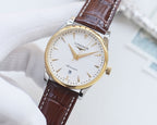 Analog watch with white dial, brown leather strap, gold-tone case and date window.