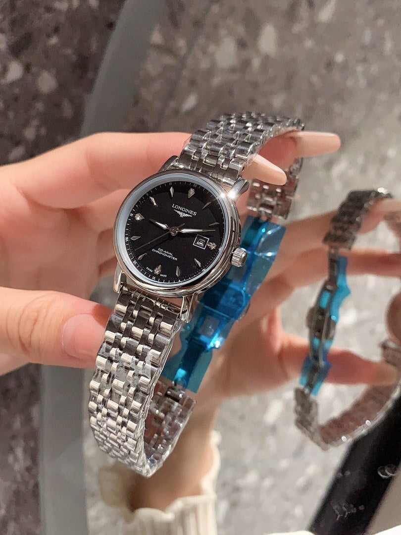Longines stainless-steel wrist watch with black dial and silver metal bracelet, crown side shown