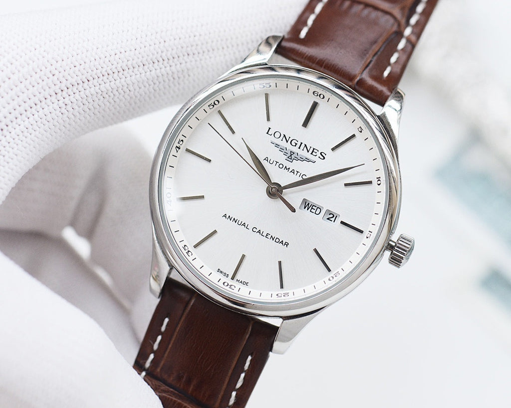 Longines automatic watch with white dial, brown leather strap and date window