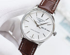 Longines automatic watch with white dial, brown leather strap and date window