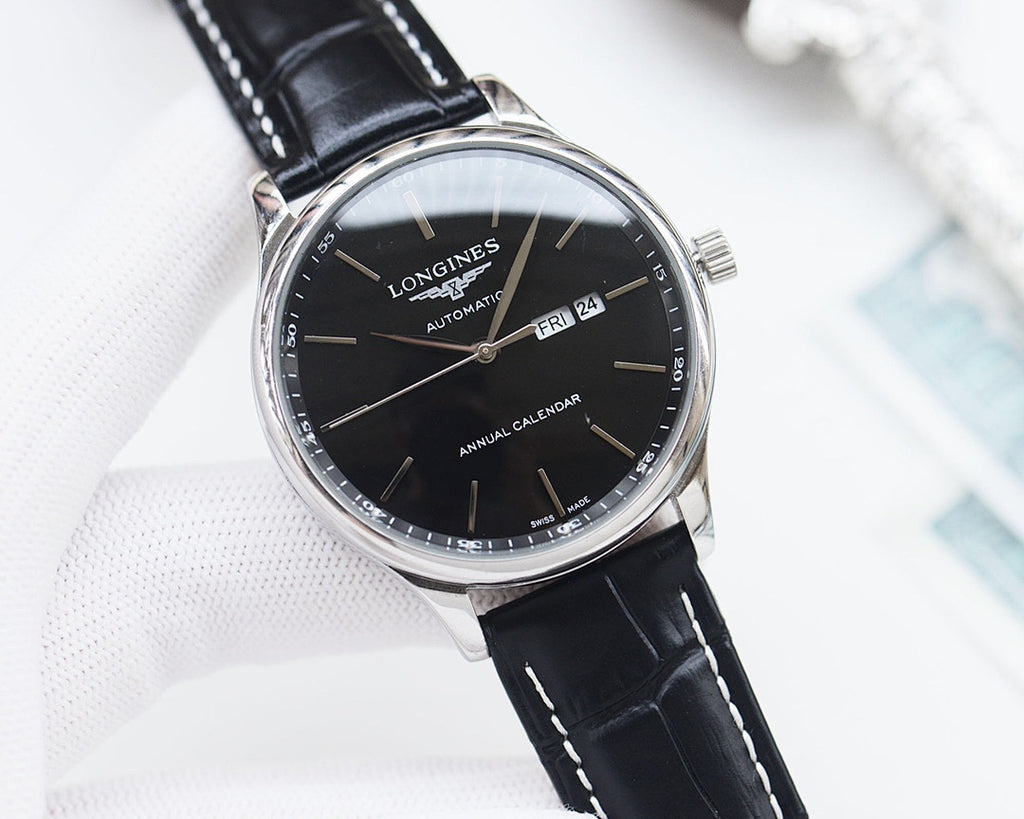 Longines automatic watch with black dial, black leather strap, silver case and date window