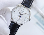 Longines watch with white dial, black leather strap, and silver round case