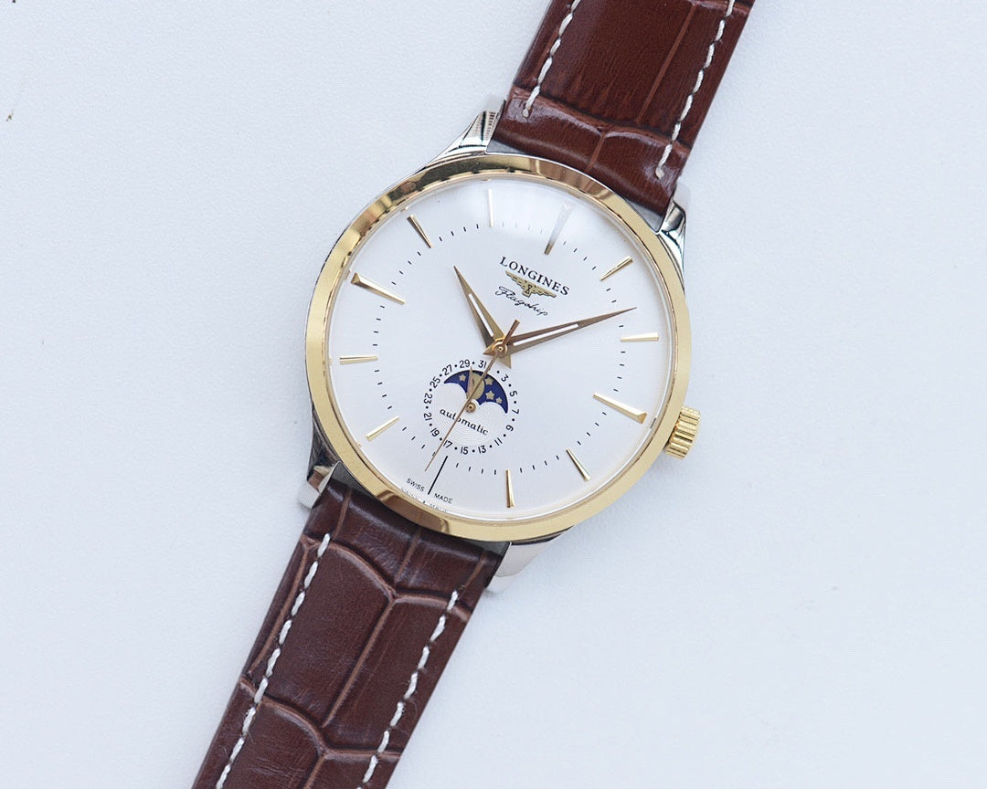 Longines watch with white dial, brown leather strap, and gold-tone round case