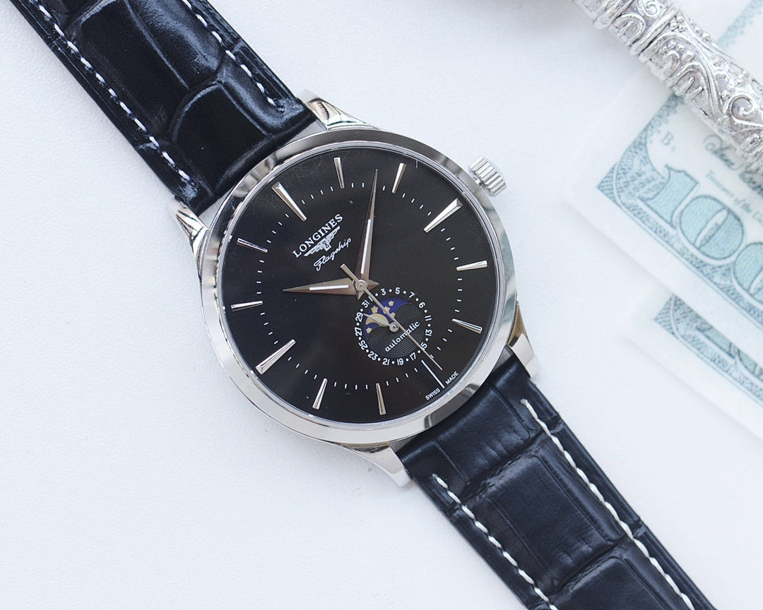 Longines watch with black dial, black leather strap, and silver round case