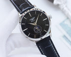 Longines watch with black dial and black leather strap, round silver case