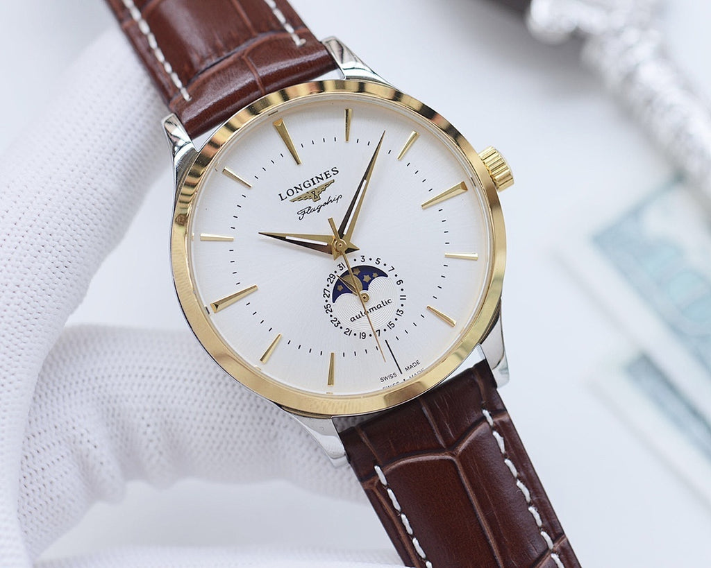Longines watch with white dial, brown leather strap, and gold-tone round case