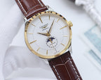 Longines watch with white dial, brown leather strap, and gold-tone round case
