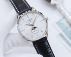 Longines watch with white dial and dark blue-black leather strap, silver case