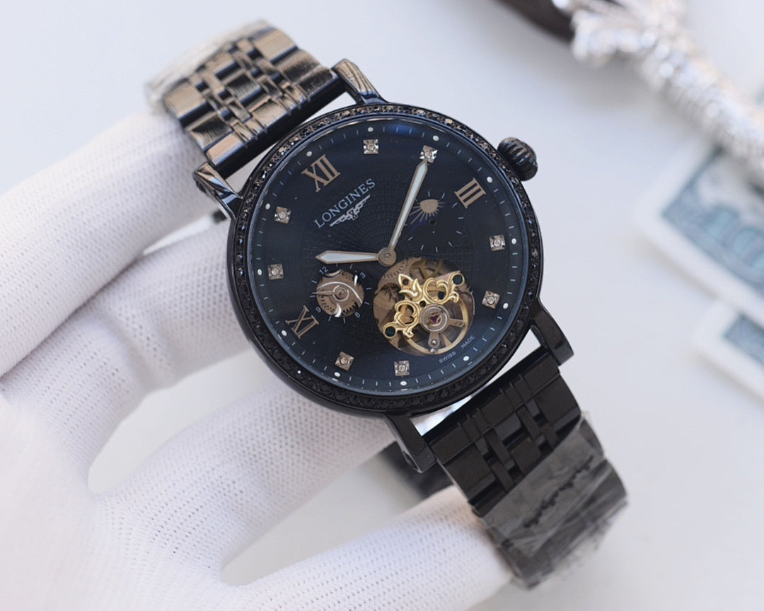 Black metal watch with dark blue dial, diamond bezel, and visible mechanical movement