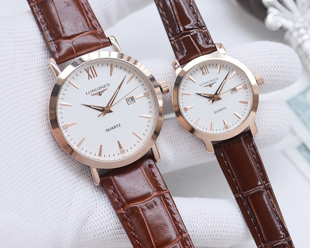 Longines quartz wristwatch with brown leather strap and white dial, Roman numerals