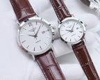 Longines quartz wristwatch with brown leather strap and white dial, Roman numerals