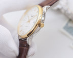 Longines watch with gold-tone case, brown leather strap, white dial side profile