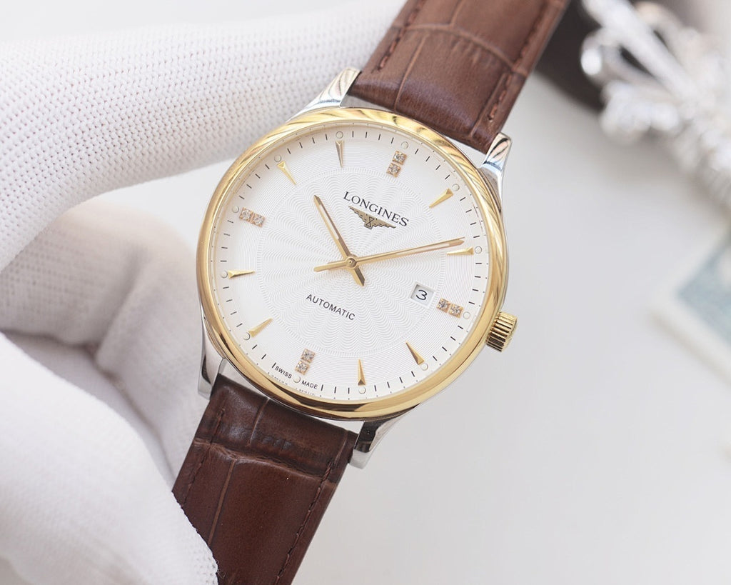 Longines watch with brown leather strap, gold-tone case, white dial and baton hands