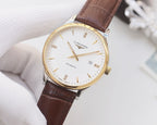 Longines watch with brown leather strap, gold-tone case, white dial and baton hands