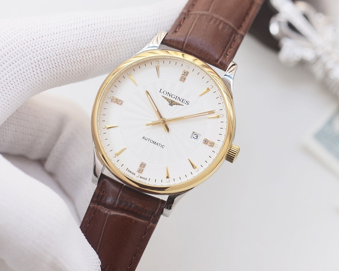 Longines watch with brown leather strap, gold-tone case, white dial and baton hands