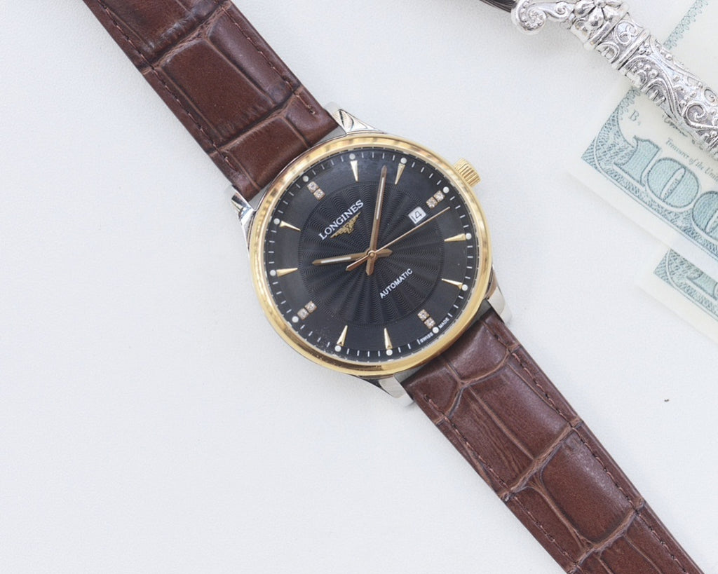 Longines watch with brown leather strap, gold-tone case, black dial and stick hour markers