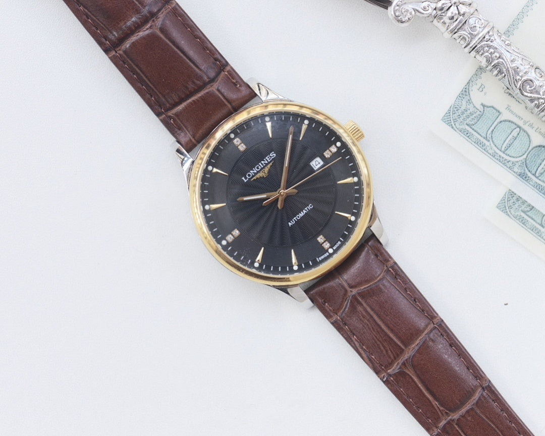 Longines watch with brown leather strap, gold-tone case, black dial and stick hour markers