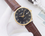 Longines watch with brown leather strap, gold-tone case, black dial with date window
