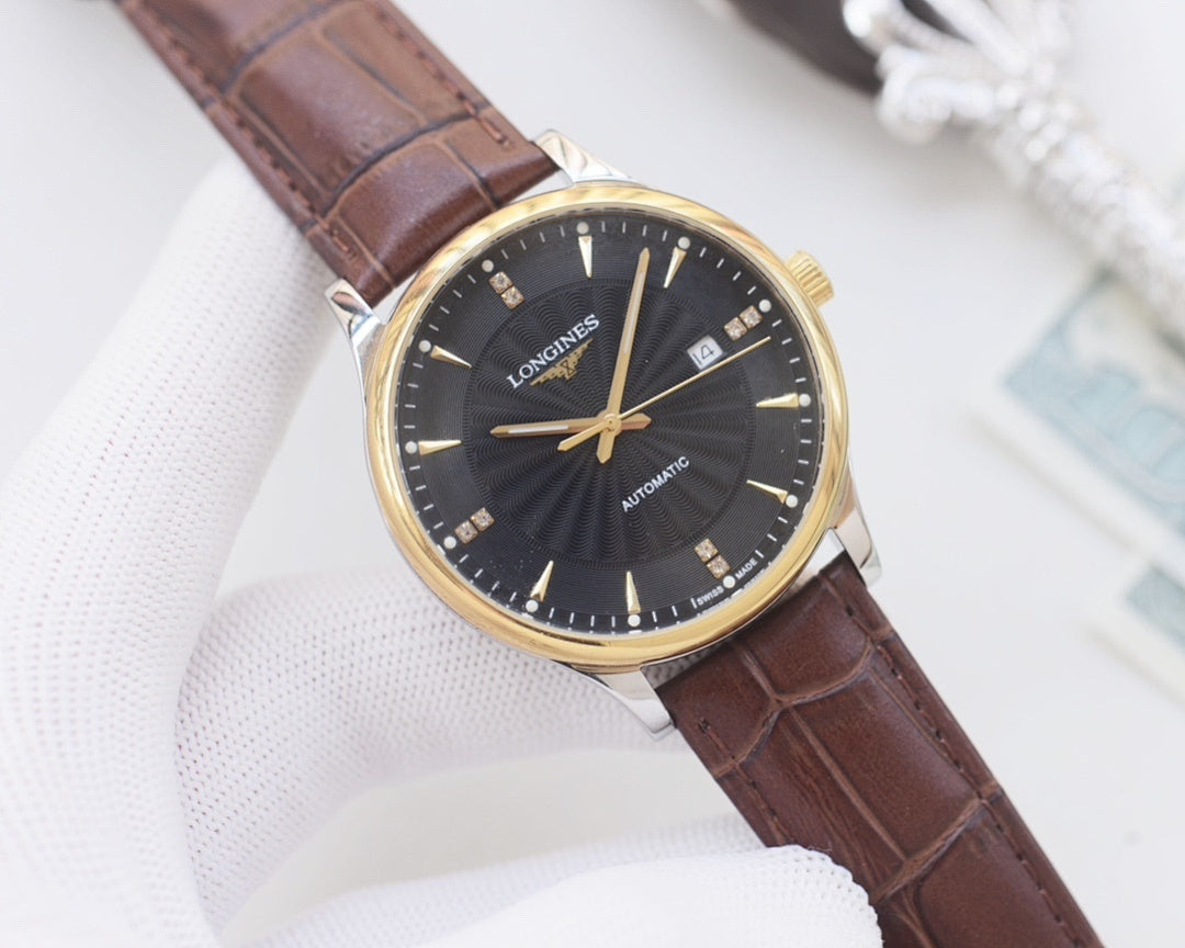 Longines watch with brown leather strap, gold-tone case, black dial with date window