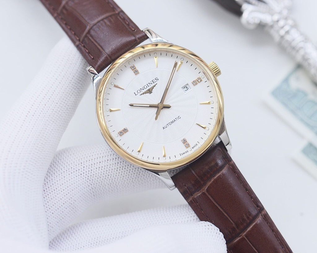 Longines watch with brown leather strap and gold-tone case, white dial, baton hands