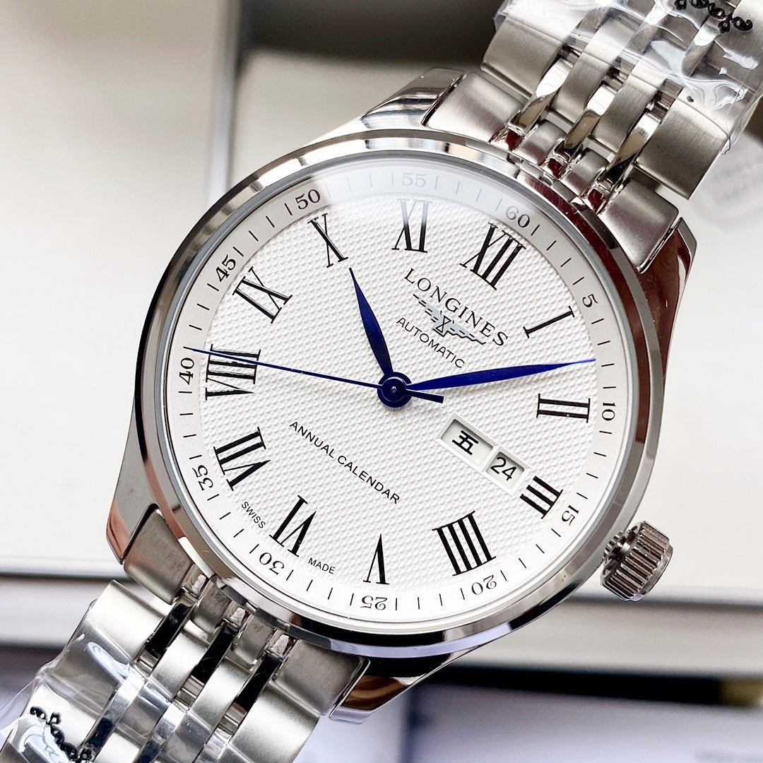 Longines watch, white dial with Roman numerals, blue hands, date window at 24