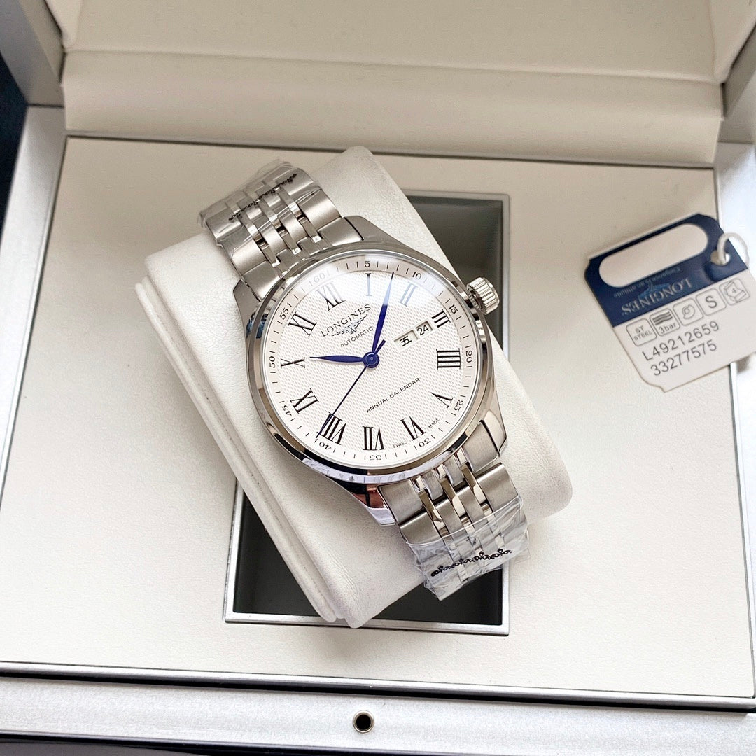 Longines watch on white stand, silver steel bracelet, white dial with Roman numerals